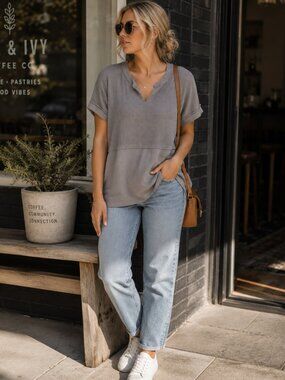 BKE Waffle Knit Split Neck Gray Top | Sz S | EUC | Oversized Raw Edge